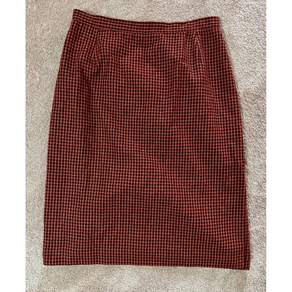 VTG Norton McNaughton Orange & Black Houndstooth Wool Blend Pencil Skirt Size 14
